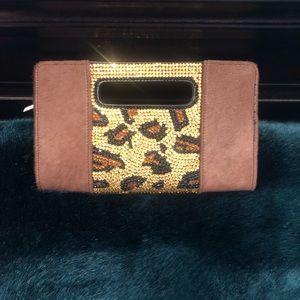 Animal Print Leopard Bling Crystal Embellished Clutch 80s Costume Purse Handbag